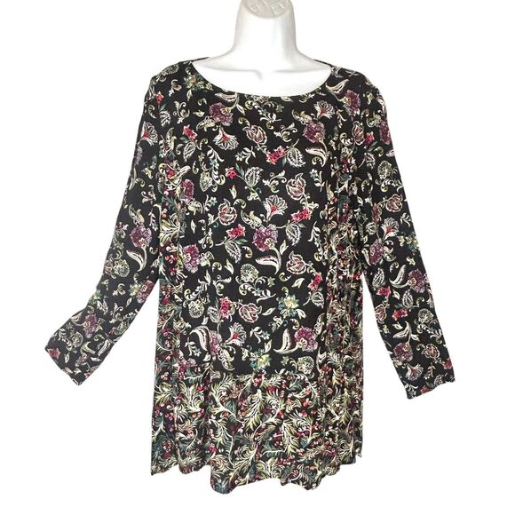 J Jill Pullover Top M Black Floral Peplum 3/4 Sleeves Purple Green White Tunic - Picture 4 of 10